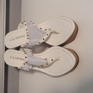 Liliana White Mesh Gold Stud White Sandal Wedges 8.5